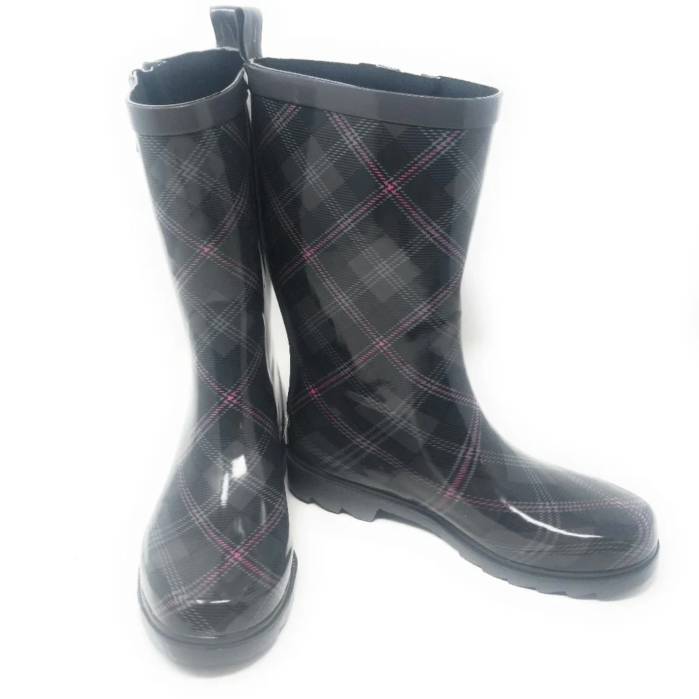 Women's Rubber Mid Calf Rain Boots, RB-3153, Plaid